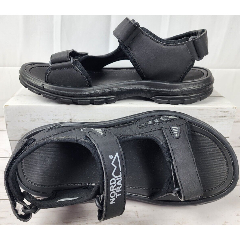 Nord Trail Open Toe, Dual Hook & Loop Strap Black Leather Sandal, Men Size 11M